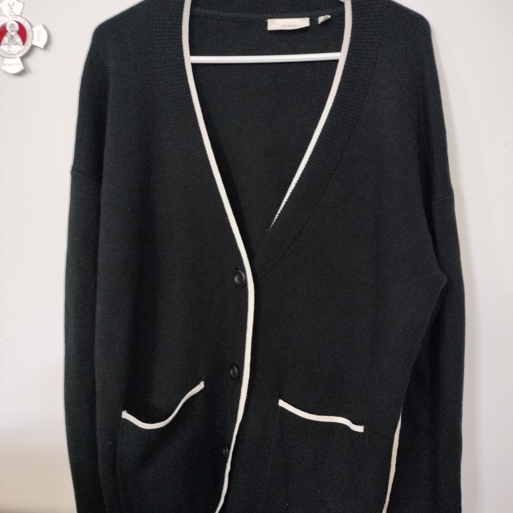Elegant Black Cardigan with White Trim